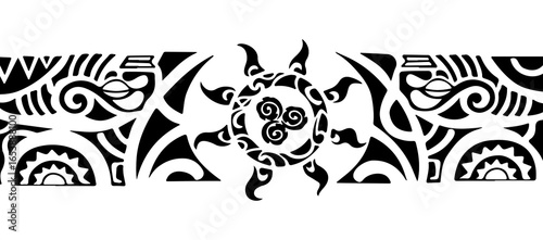 Tribal tattoo pattern with a central sun motif and intricate swirling designs, isolated on a transparent background, suitable for ethnic and cultural design elements