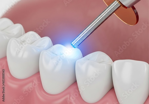 3d illustration of dental procedure showing a tooth being filled with composite resin and cured with a blue light for restoration