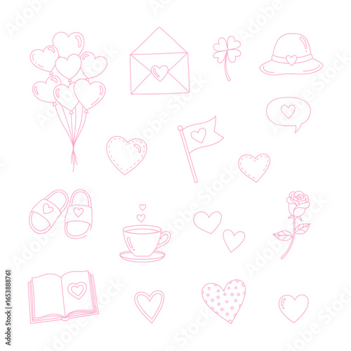 Hand-drawn doodle pink hearts and love symbols set