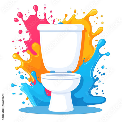 Modern White Toilet with Abstract Colorful Water Splashes in Blue Pink and Orange Design on White Background