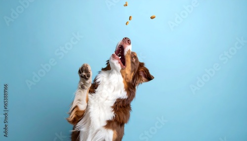 Dog catching treats mid-air, blue background