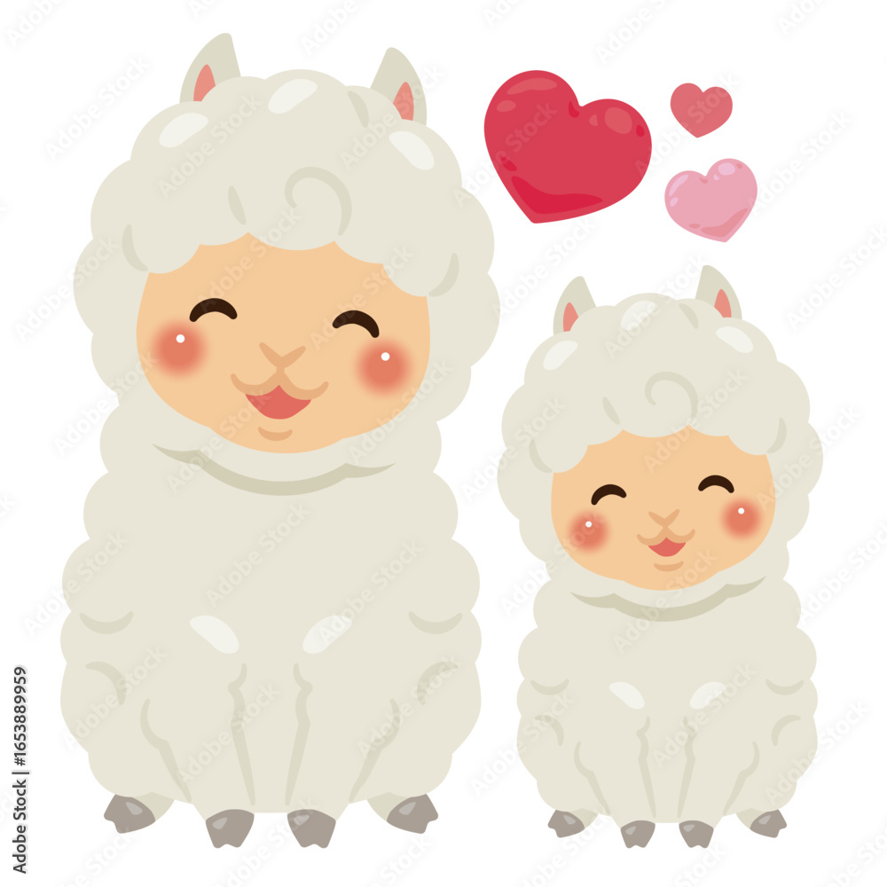 お座りした笑顔のアルパカの親子イラスト お座りした笑顔のアルパカの親子イラスト
