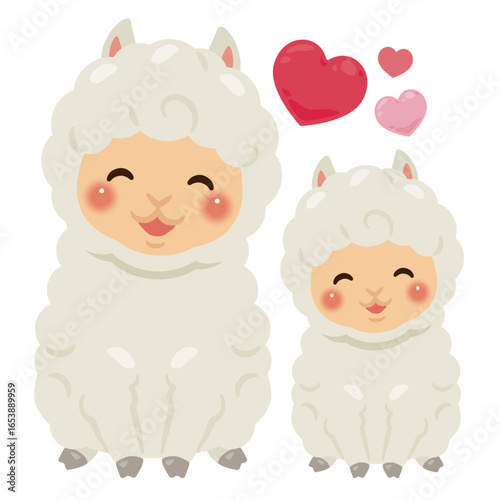 お座りした笑顔のアルパカの親子イラスト