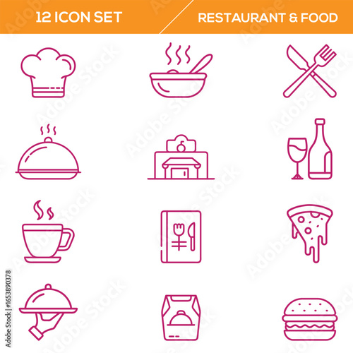 Restaurant and food icons showcase culinary themes in a simple line art style.