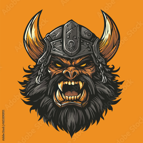 Dark Horned Viking Warrior Head Illustration | Nordic Barbarian Mascot Vector