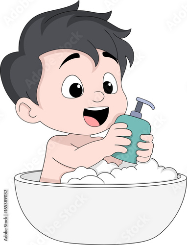 Happy Cartoon Boy Taking Bath with Soap