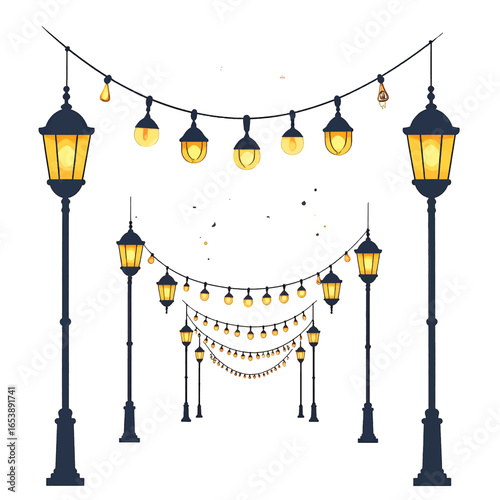 Streetlights Illuminate the Pixelated Urban Landscape at Night with Warm Yellow Glow and Decorative Garlands in Atmospheric Illustration