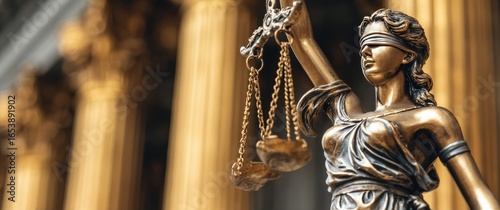 Bronze statue of Lady Justice holding scales of justice in front of courthouse pillars
