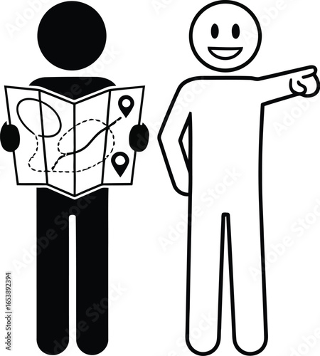 Stick figures travelers reading map and asking for direction