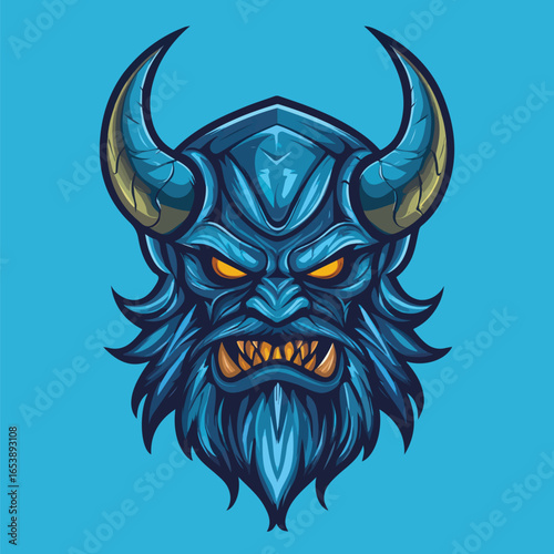 Blue Japanese Oni Demon Mask Illustration | Menacing Eastern Mythology Vector