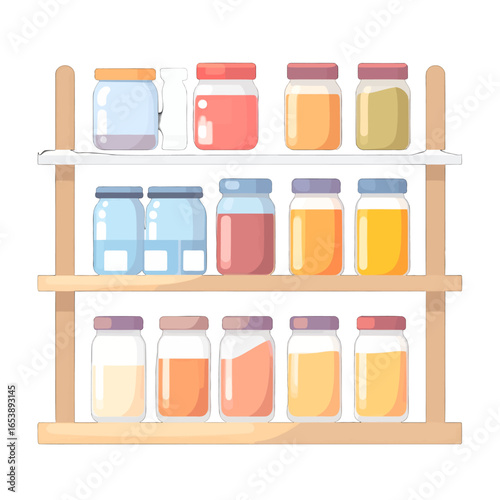 Organized Jars of Assorted Preserves Displayed on Wooden Shelves in Bright Indoor Setting