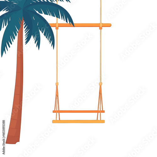 Tropical Palm Tree and Wooden Swing with Turquoise Leaves on a White Background for Summer Vacation