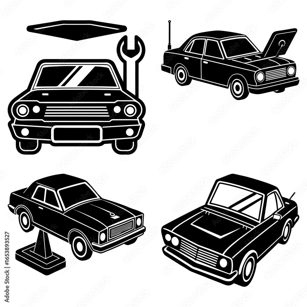 Obraz premium Illustration of four classic cars with a wrench and a car lift in black and white style art