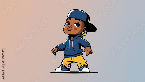 Cool Cartoon Kid in Hip-Hop Streetwear and Backward Cap
