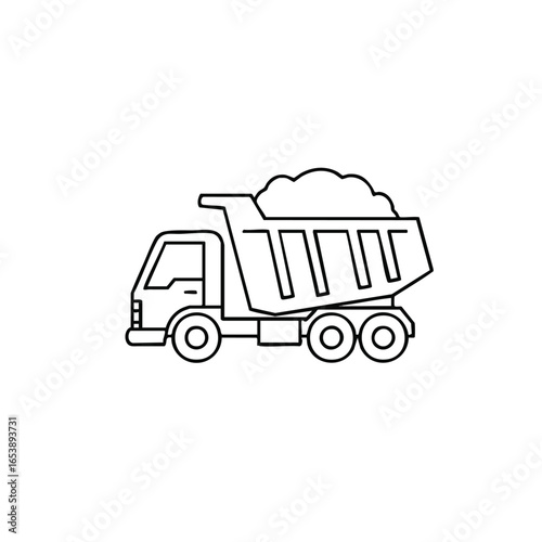 Simple line art illustration of a dump truck loaded with dirt, symbolizing construction and heavy machinery.