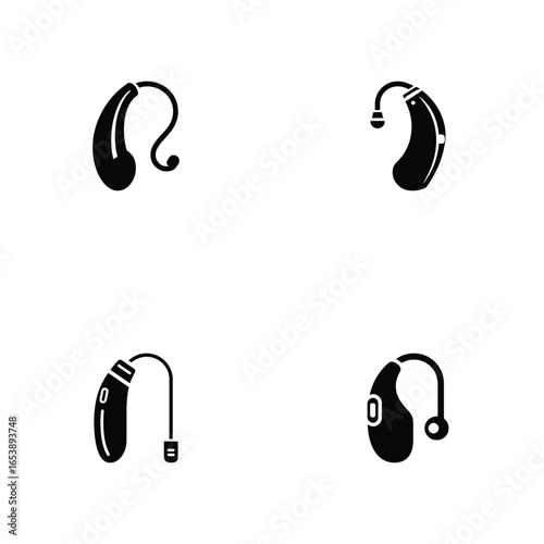 Collection of four black hearing aid icons on a white background