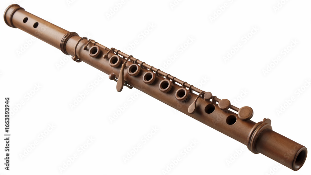 Naklejka premium Wooden Flute with Detailed Key Design on White Background