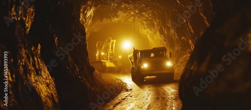 Heavy machinery operating inside a dimly lit underground mine shaft