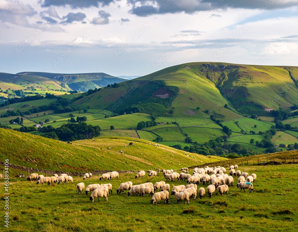 Fototapeta premium Peaceful countryside hills with grazing sheep under cloudy skies.