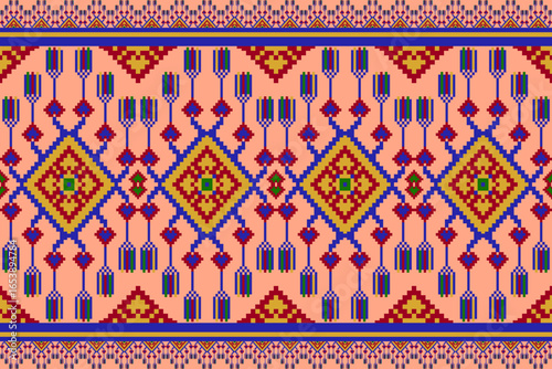 Pixel Tribal Textile. Traditional Southeast Asian inspired textile in Coral Sapphire Amber tones, pixel-style tribal pattern for fabric design, ethnic fashion, or cultural artwork projects.