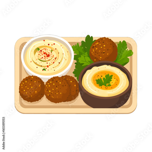 Overhead View of Falafel Hummus and Parsley on a Wooden Tray Presented in Pixel Art Style