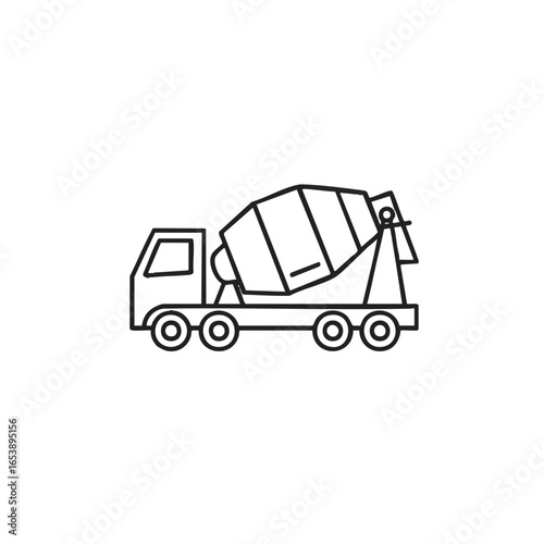 A simple line drawing depicts a concrete mixer truck, a construction vehicle used for mixing and transporting concrete on a white background.