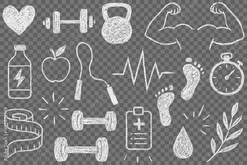 Hand drawn fitness and healthy lifestyle doodles on transparent background concept illustrating gym training nutrition heart beat muscles timer workout plan weight loss and healthy