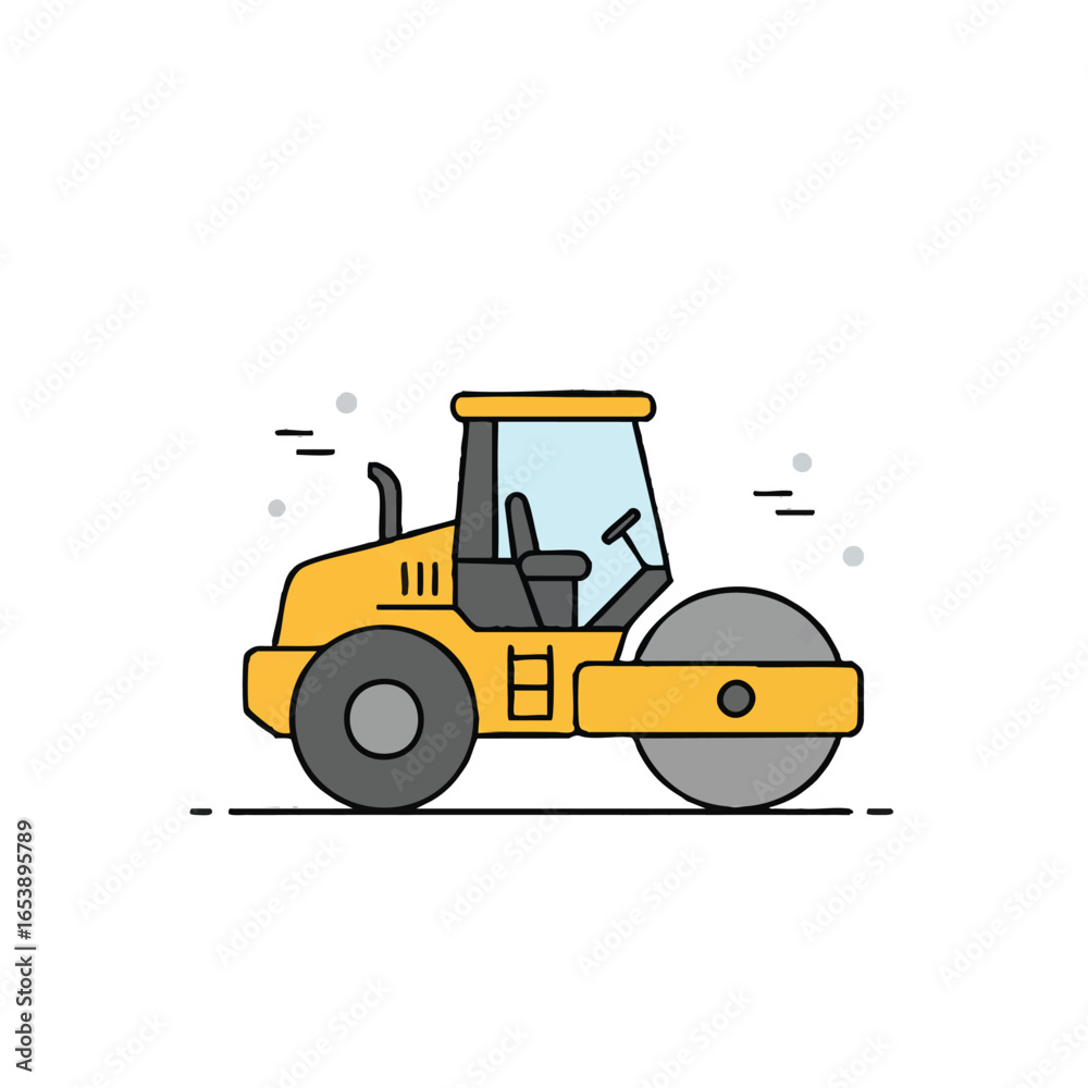 Fototapeta premium A vibrant illustration depicts a yellow road roller, a construction vehicle used for compacting surfaces, set against a clean white background, for design use.