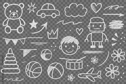 Chalk style children drawings seamless pattern featuring a teddy bear a car a crown heart robot airplane drum flower star cloud and many other cute objects vector image
