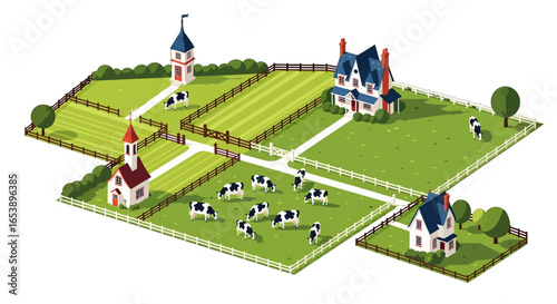 Pixel Art Rural Village Landscape with Cows Green Fields and Churches Isometric Design