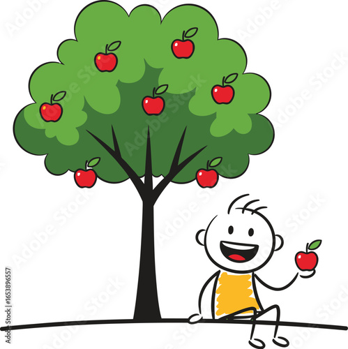Illustration of happy stick figure with apple tree cartoon art