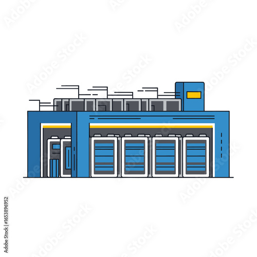 Blue Industrial Warehouse Building with Flat Vector Design Featuring Loading Docks and Geometric Accents on a White Background