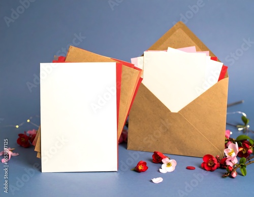 Blank greeting card and envelopes with flowers