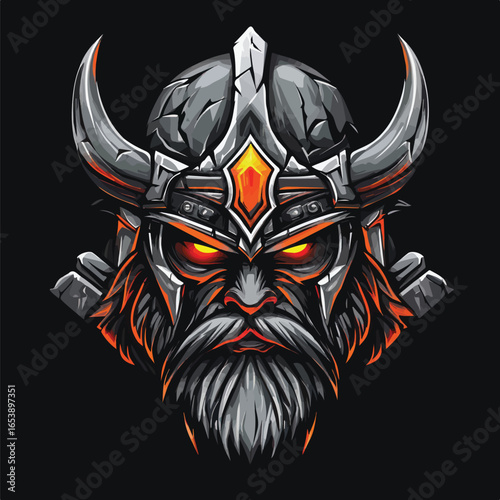Fierce gray Horned Demon Head Illustration | Aggressive Fantasy Warrior Vector Art