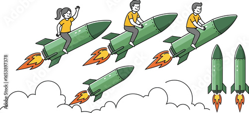 People riding rockets cartoon illustration vector image art