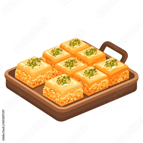 Isometric View of Golden Square Baklava Pieces with Pistachio Toppings Arranged on a Dark Tray in Pixel Art Style