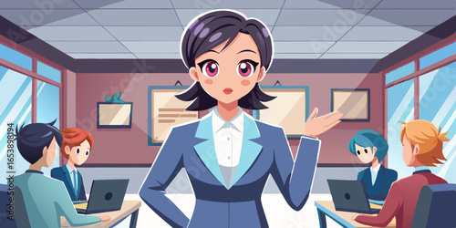 Vector illustration of stylish anime woman executive in office attire giving presentation at business meeting with large expressive eyes and modern corporate style