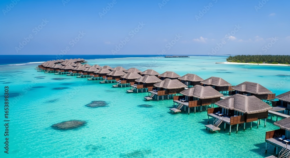 Fototapeta premium Photo of luxurious overwater bungalows in a tropical paradise with crystal clear turquoise ocean water