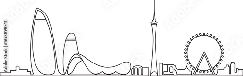 Baku Skyline Vector Illustration with Flame Towers and Ferris Wheel Silhouette Outline