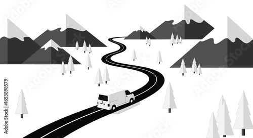 Winding Road Leading to Mountains with a White Vehicle Through a Snowy Landscape and Geometric Trees Under a Neutral Sky in a Simple Vector Illustration