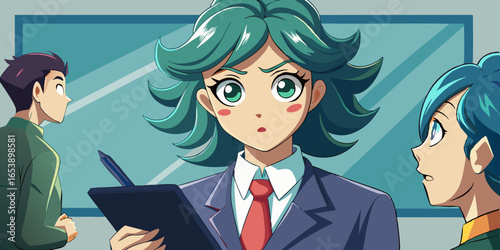 Vector illustration of anime woman in corporate setting, focused and engaged in meeting with pen and notebook, showcasing professional attentive mood