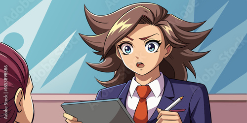 Vector illustration of anime woman in corporate setting, focused and engaged in meeting with pen and notebook, showcasing professional attentive mood