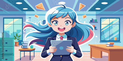 Vector illustration of anime woman in corporate setting, focused and engaged in meeting with pen and notebook, showcasing professional attentive mood