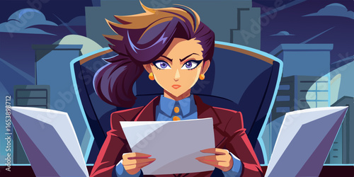 Anime female professional sitting in modern office chair, reviewing important documents with serious expression, detailed hair, and focused attitude