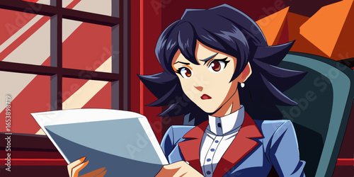 Anime female professional sitting in modern office chair, reviewing important documents with serious expression, detailed hair, and focused attitude