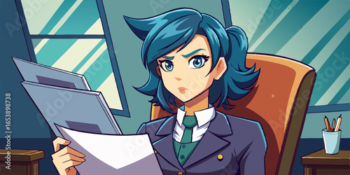 Anime female professional sitting in modern office chair, reviewing important documents with serious expression, detailed hair, and focused attitude
