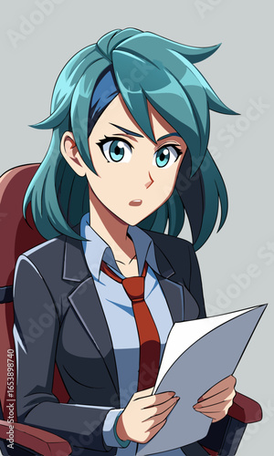 Anime female professional sitting in modern office chair, reviewing important documents with serious expression, detailed hair, and focused attitude