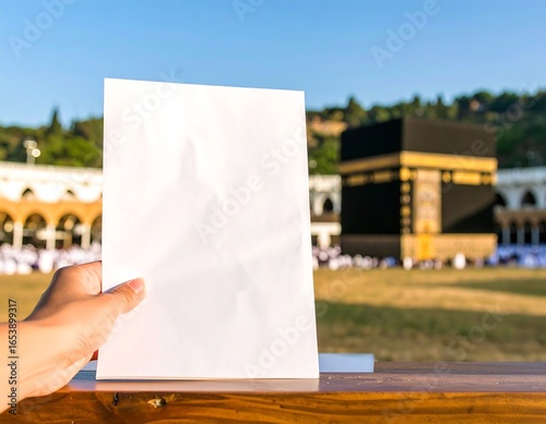 Blank paper held in hand, Masjid al-Haram background