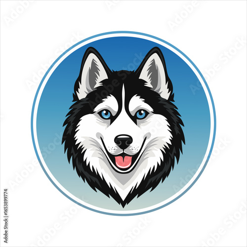 Friendly Husky Dog Logo with Bright Blue Eyes in Circular Emblem