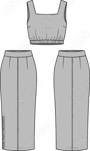 Two piece women's outfit flat sketch, crop top and midi pencil skirt front and back view, CAD drawing, vector illustration